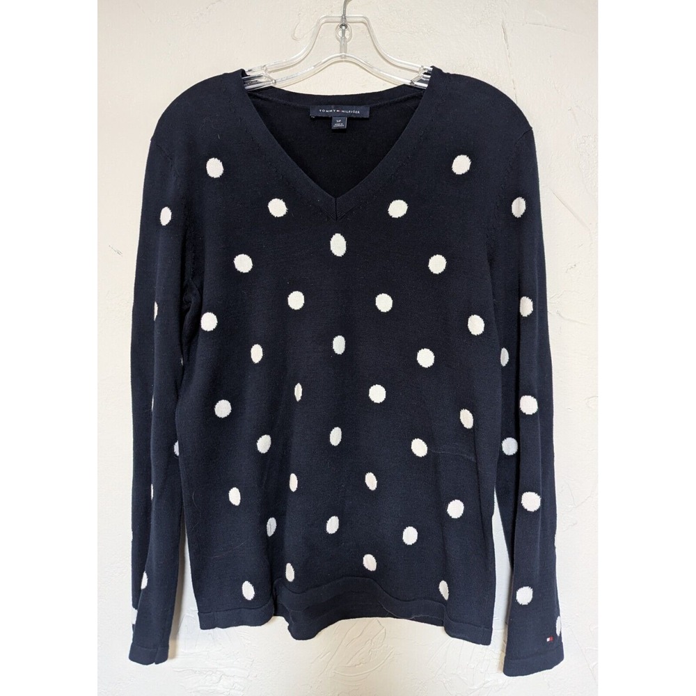 Tommy Hilfiger Women Sweater S/P Navy/White Polka Dot V-Neck‎ Long Sleeve